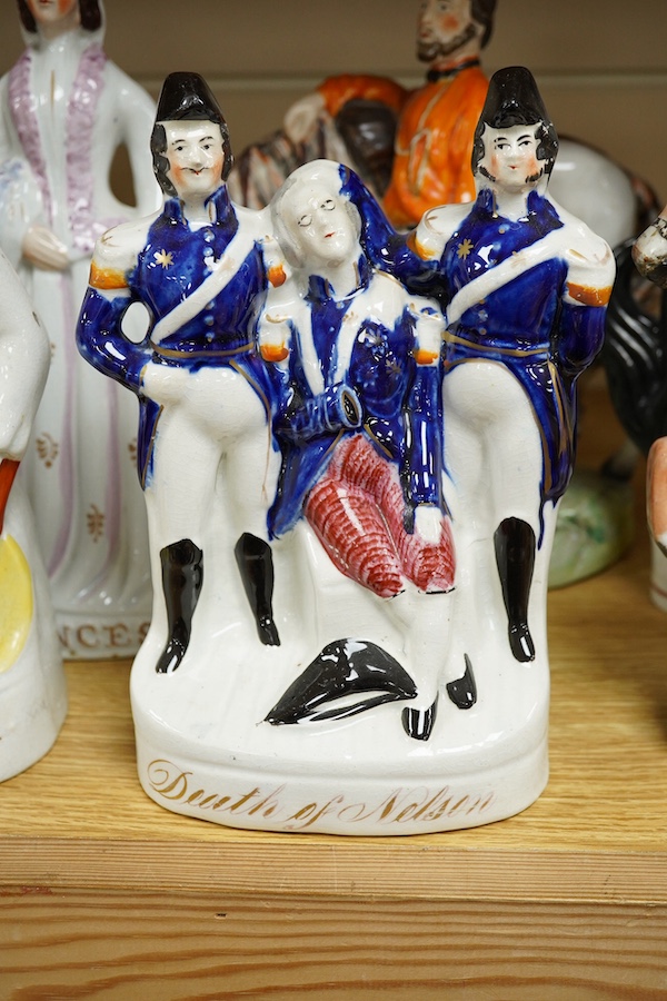 Nine various Staffordshire figures, all named, tallest 26cm. Condition - varies